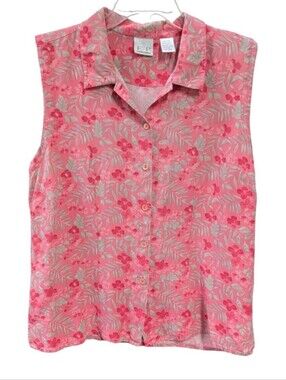 E P Pro, Coral / Salmon Floral Sleeveless Button Down Silk Golf Top. XL